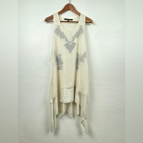 Boundary & Co Womens Dress Size XS Asymmetrical Ivory Black Sheer Shift Sleevel - Picture 1 of 12